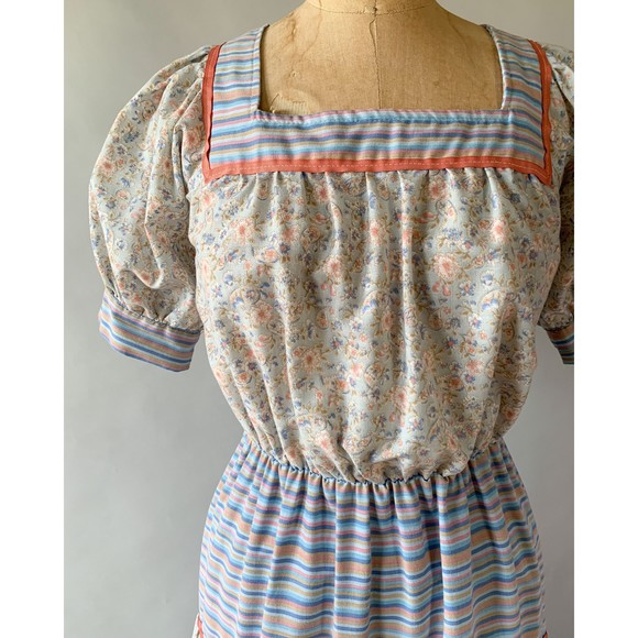 Vintage 1970s Blue Pink Floral Patchwork Tiered Ruffled Maxi Dress Small Medium - Picture 4 of 10